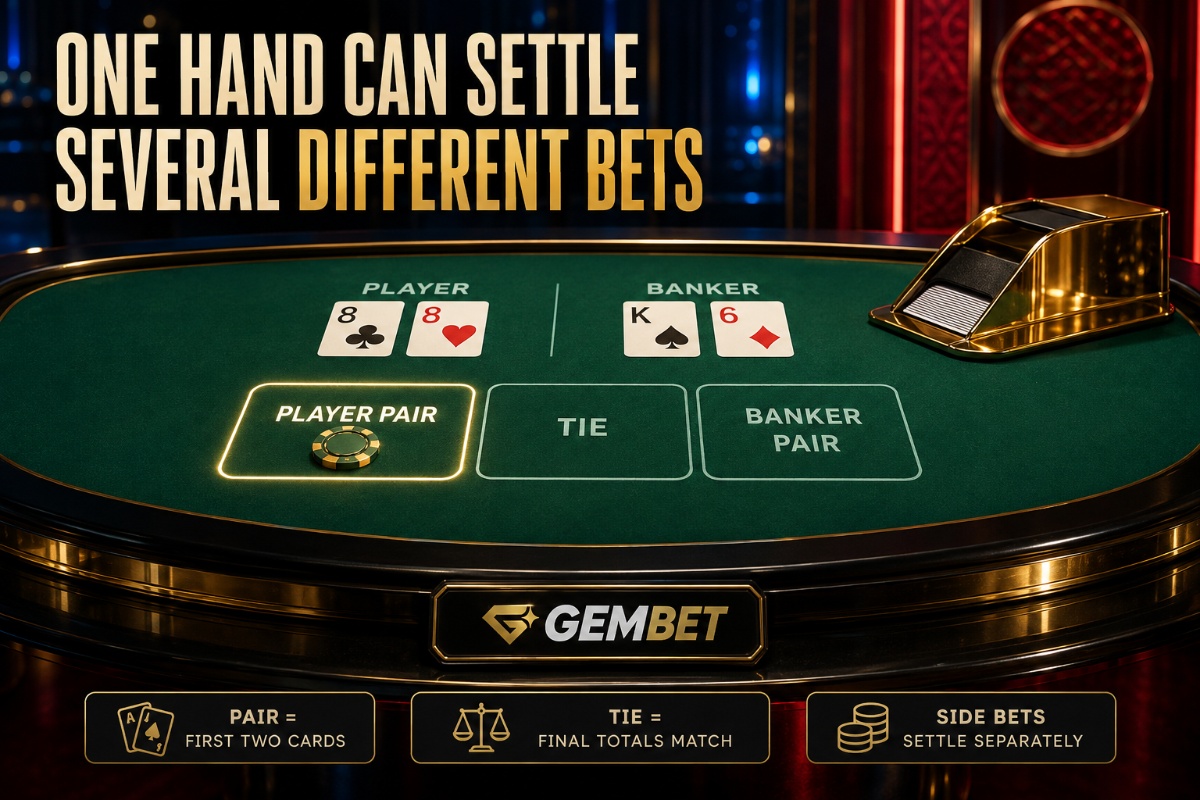 Baccarat side bets showing Player Pair Banker Pair and Tie betting areas