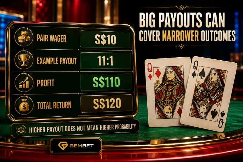 Baccarat side bets example showing pair payout and total return calculation