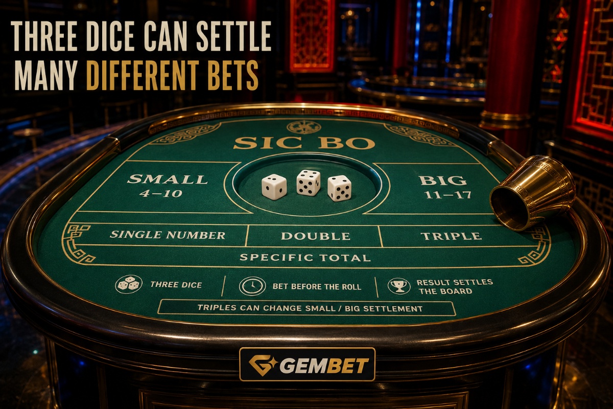 Sic Bo game showing three dice with Small Big totals doubles and triples