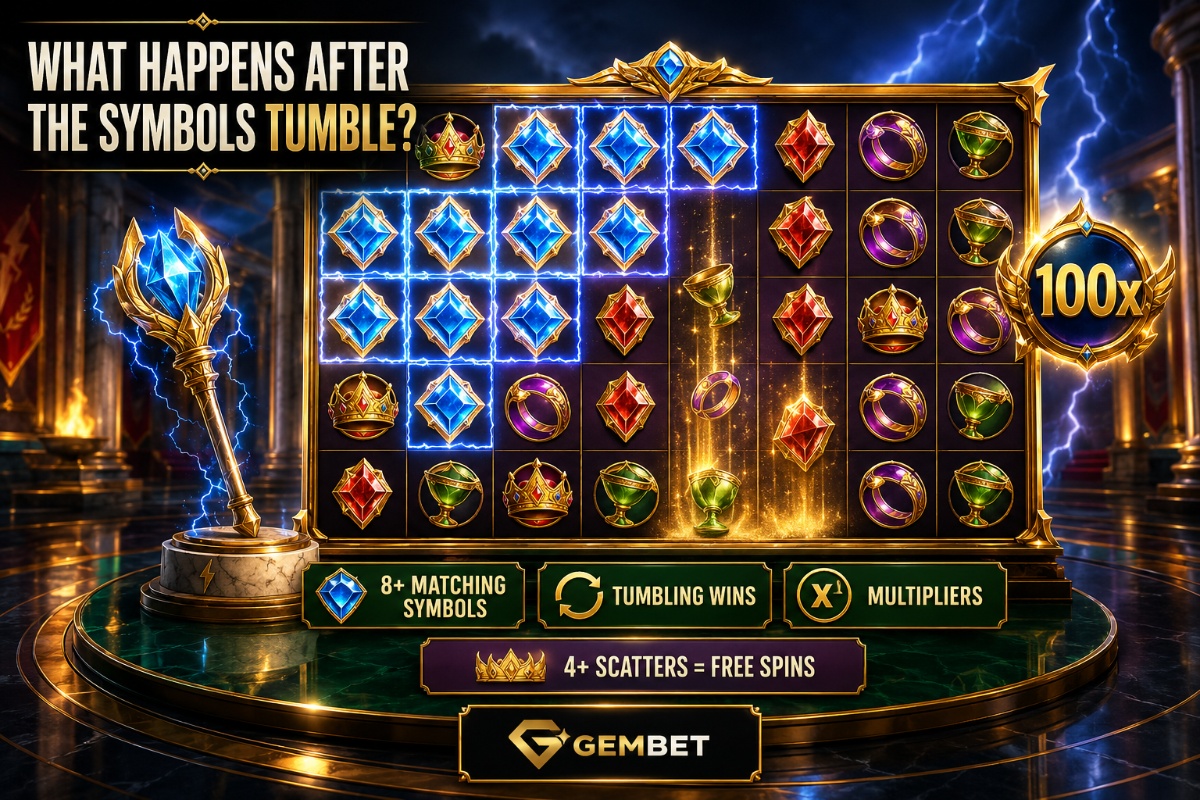 Gates of Olympus showing tumbling symbols, multipliers and free spins